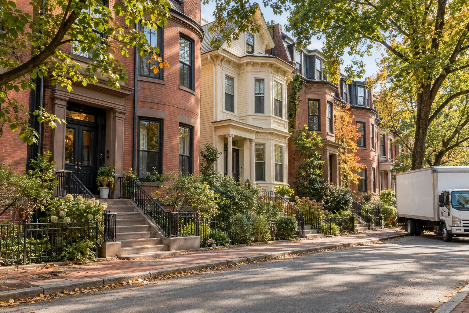 Illustrative Boston neighborhood with brick homes, leafy trees, and a moving truck
