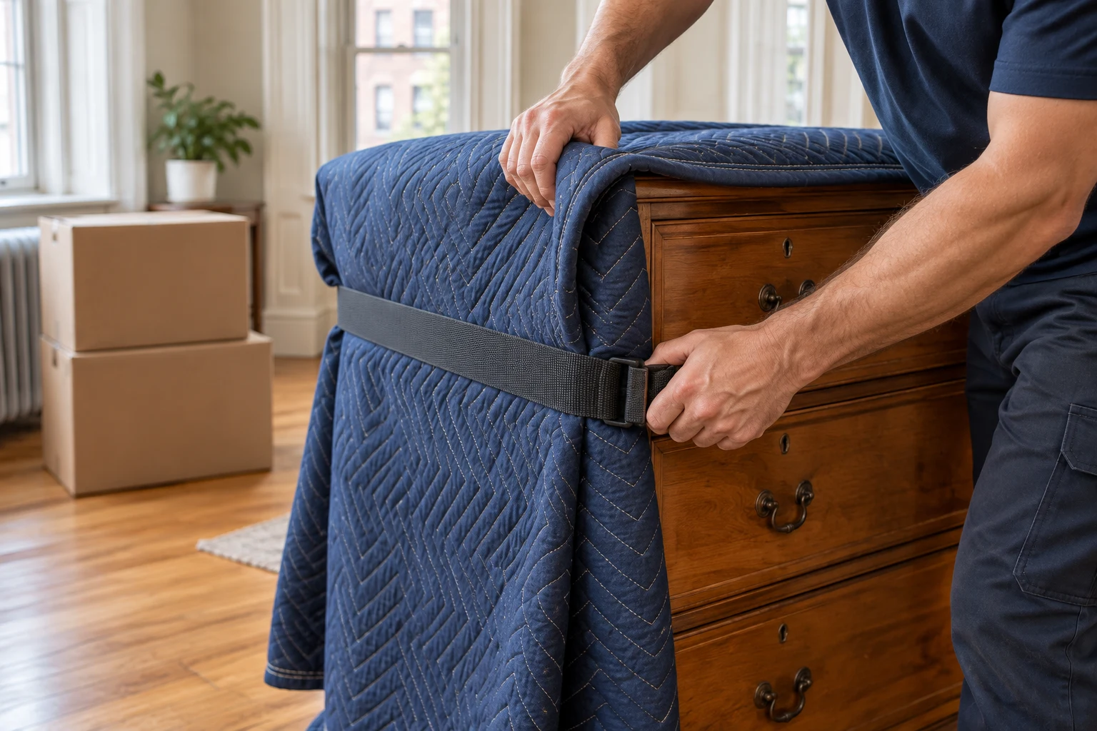 Illustrative close-up of a mover securing a padded blanket around a dresser